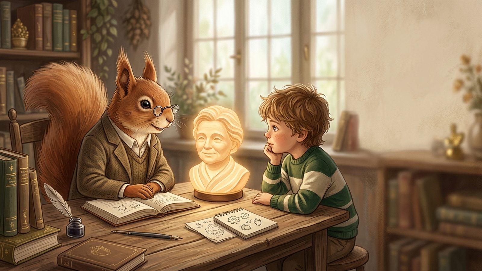 A squirrel researcher and a curious child at a table, with a small warm glowing face made of light listening attentively between them