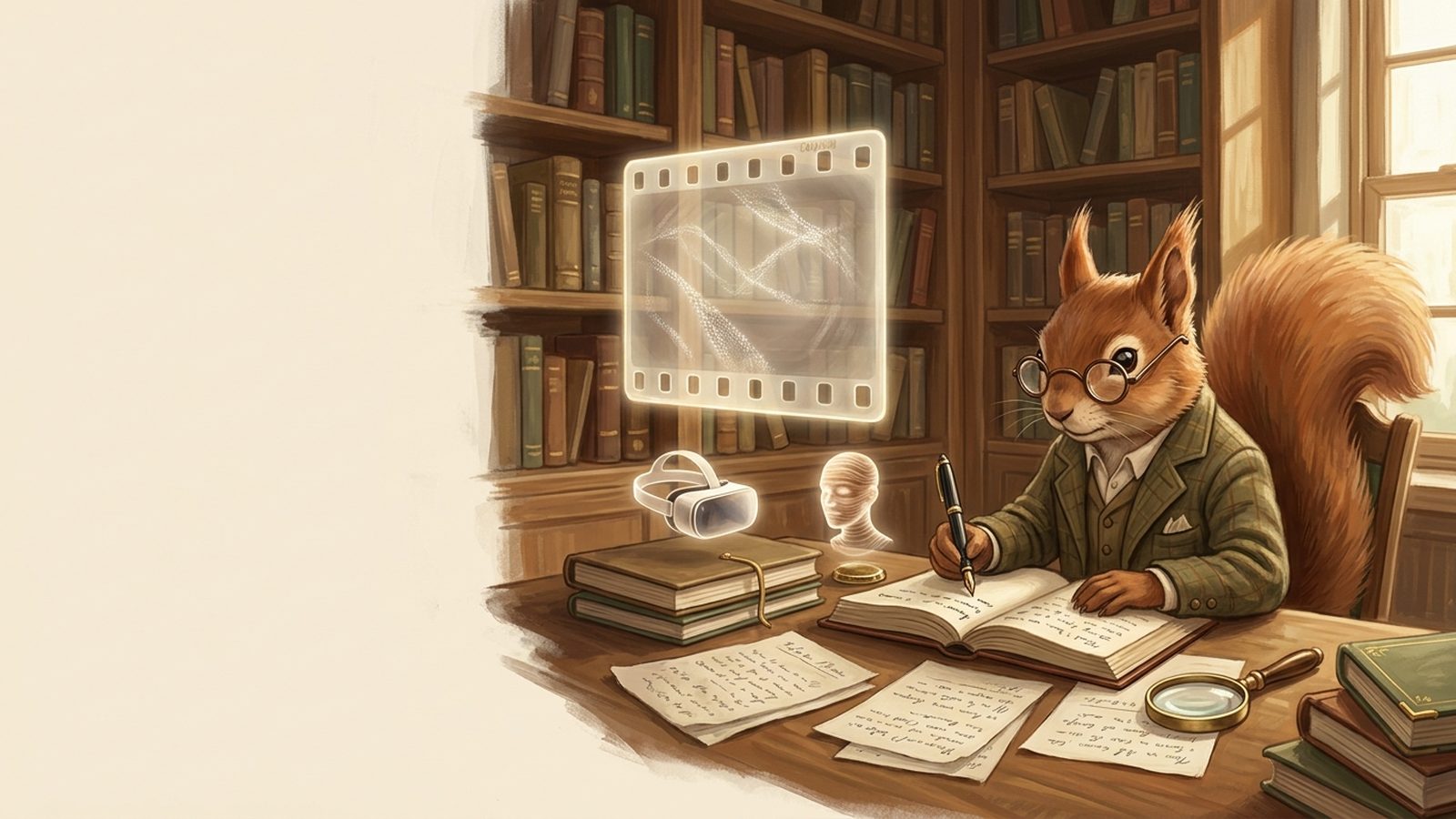 A squirrel researcher at a desk covered in notes, studying a glowing frame of film with a hidden pattern woven inside it